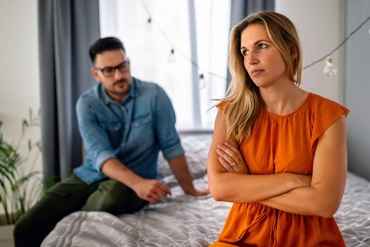 frustrated couple arguing and having marriage problems disappointed in love concept for divorce